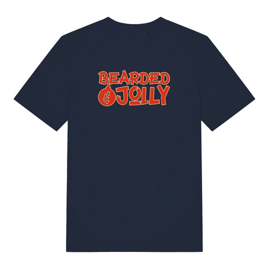 navy xmas t-shirt with the slogan 'bearded and jolly'