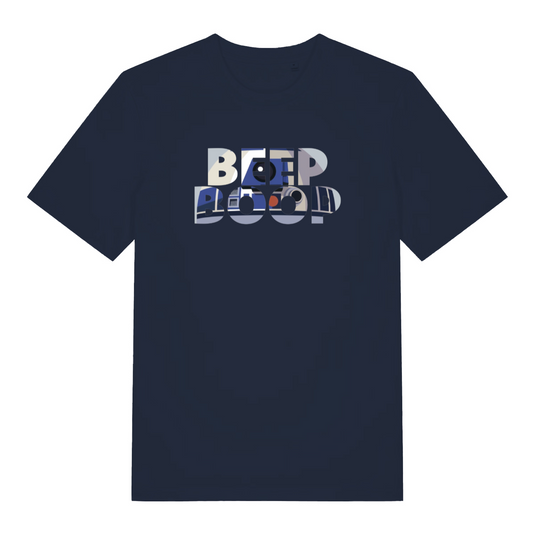 navy women's geek t-shirt with the graphic of an r2 droid inside the words 'beep boop'