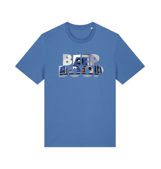 blue film inspired t-shirt featuring the text 'beep boop'