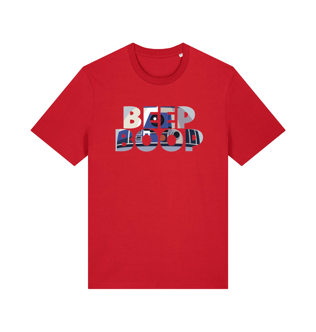 red film inspired t-shirt featuring the text 'beep boop'