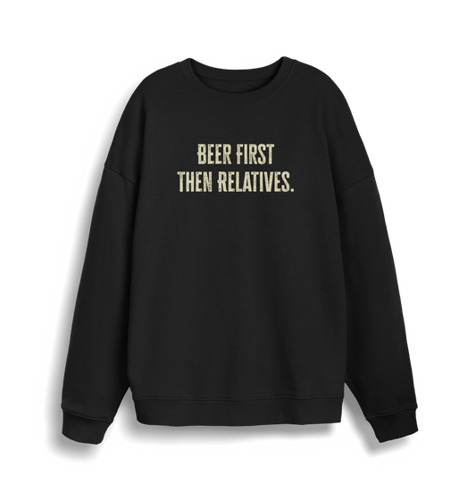 black christmas slogan sweater with 'beer first then relatives'