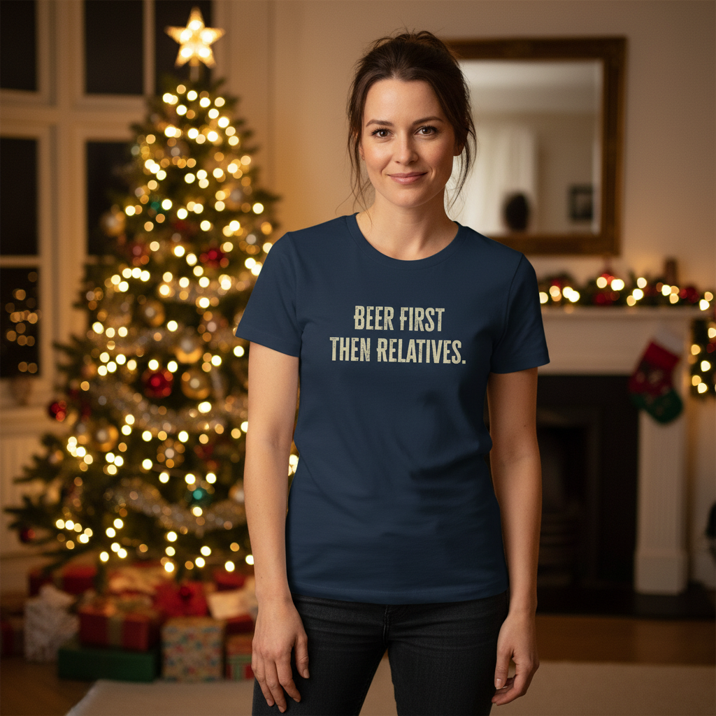 Woman wearing a blue t-shirt with 'BEER FIRST THEN RELATIVES.' text in a festive indoor setting with a Christmas tree.