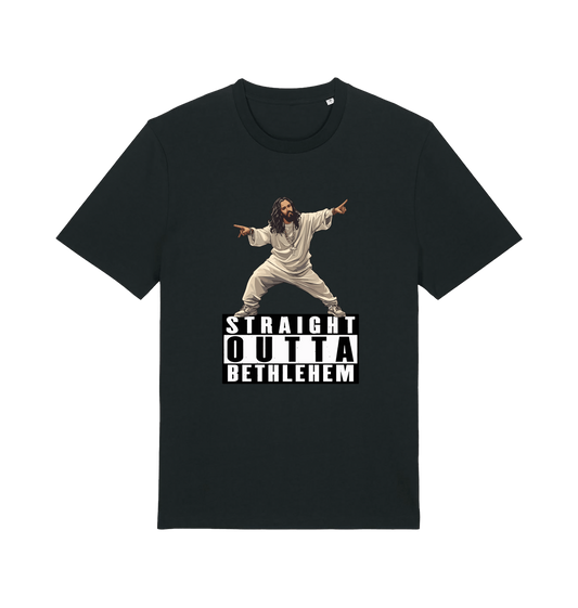 Black funny jesus t-shirt with a graphic of a person in a robe and 'Straight Outta Bethlehem' text