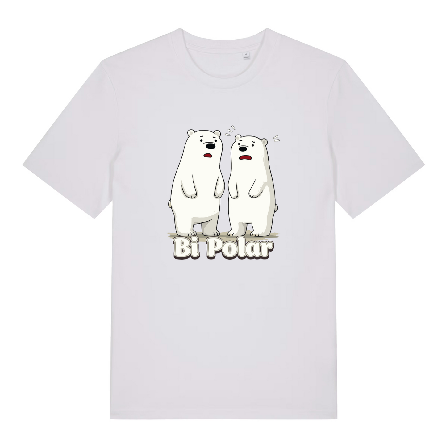 white women's funny animal t-shirt with the graphic of two polar bears and the slogan 'bi polar'