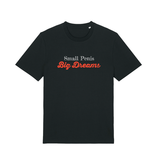Black offensive slogan t-shirt with 'Small Penis Big Dreams' text