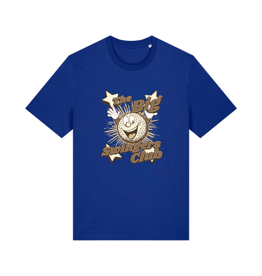 blue graphic t-shirt with 'the big swingers club' and the graphic of a cartoon golf ball
