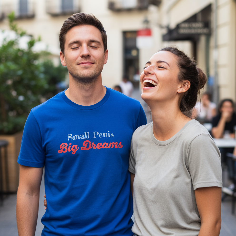 Two people standing together on a street, one wearing a blue shirt with the slogan 'small penis big dreams'