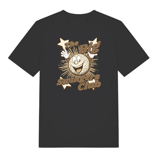 black graphic t-shirt with the graphic of a gold ball with a smiley face and the slogan 'the big swingers club'