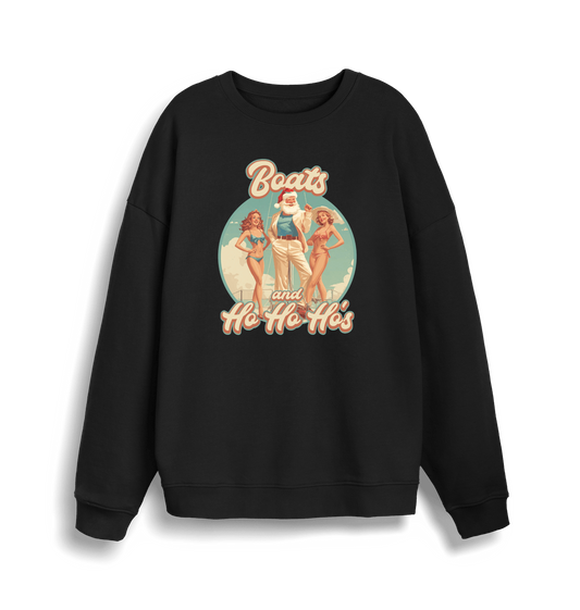 black christmas sweater with the graphic of santa stood between two women and the slogan 'boats and ho ho ho's'
