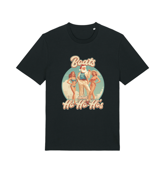 black christmas t-shirt with the graphic of santa stood between two women and the slogan 'oats and ho ho ho's'