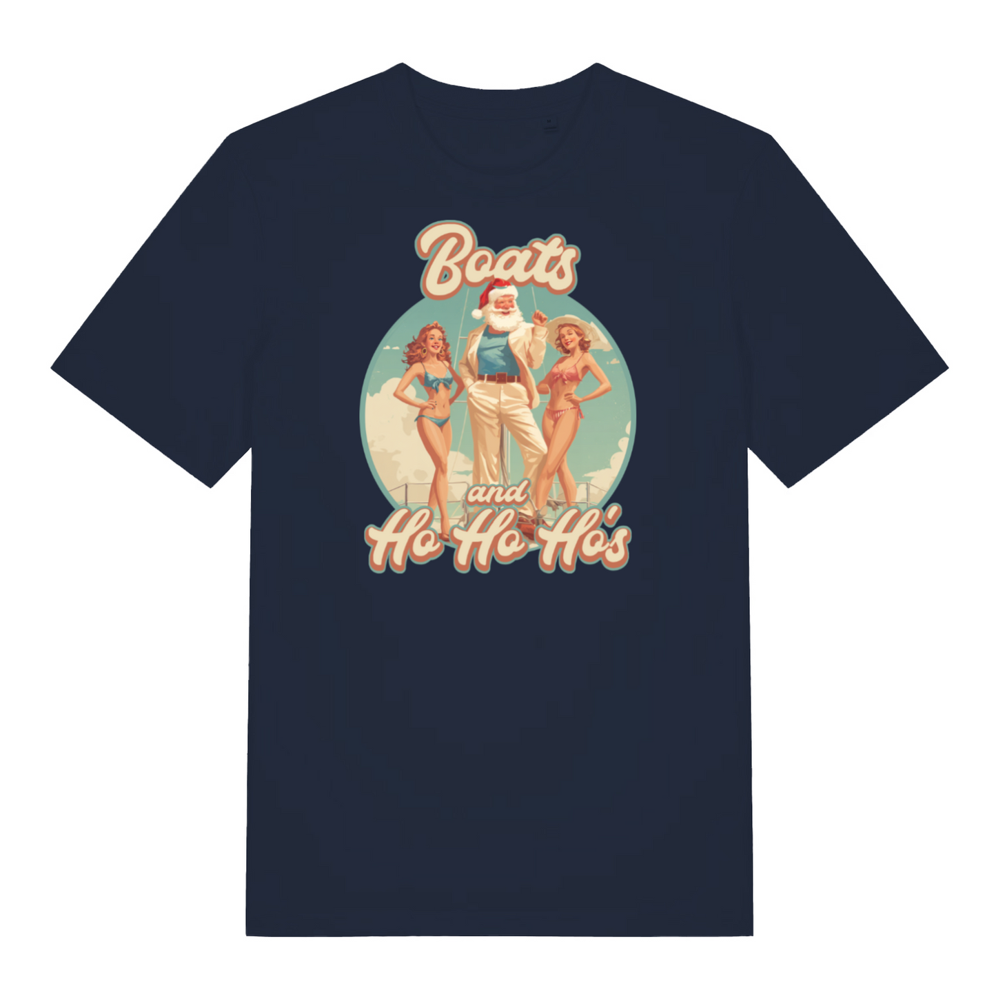 navy santa t-shirt with the graphic of santa in between two pin up ladies and the slogan 'boats and ho ho ho's'