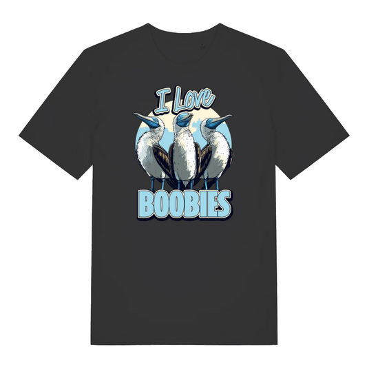 black funny animal t-shirt with the graphic of three sea birds and the slogan 'i love boobies'