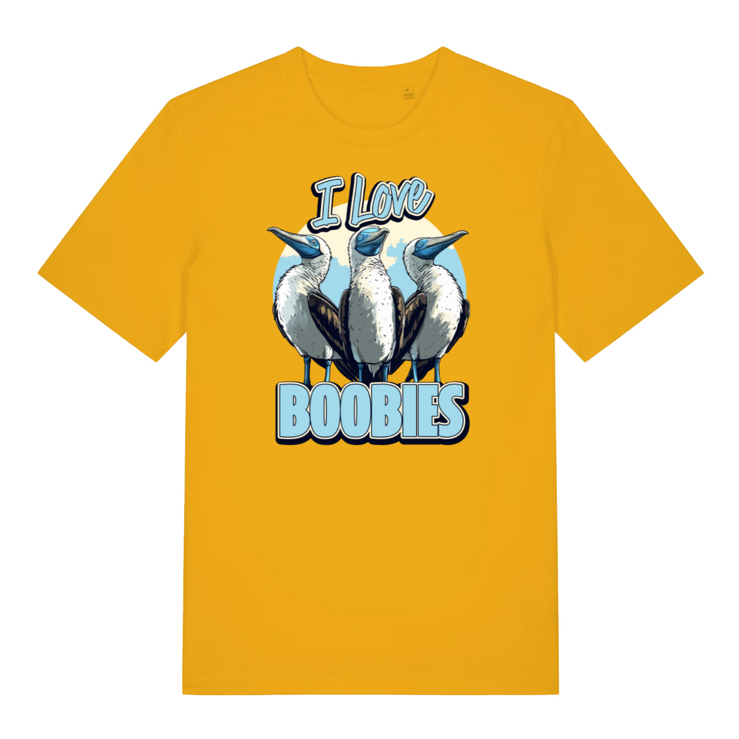yellow funny animal t-shirt with the graphic of three sea birds and the slogan 'i love boobies'