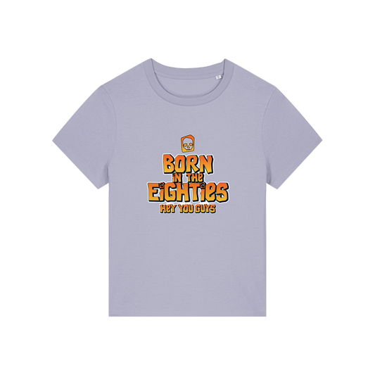 lavender geek tee with the slogan 'born in the eighties hey you guys'