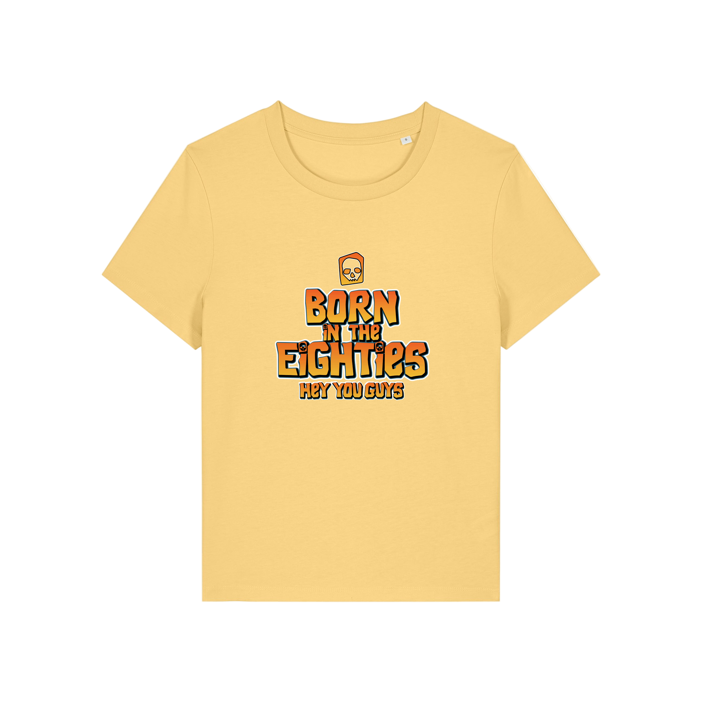 yellow geek tee with the slogan 'born in the eighties hey you guys'