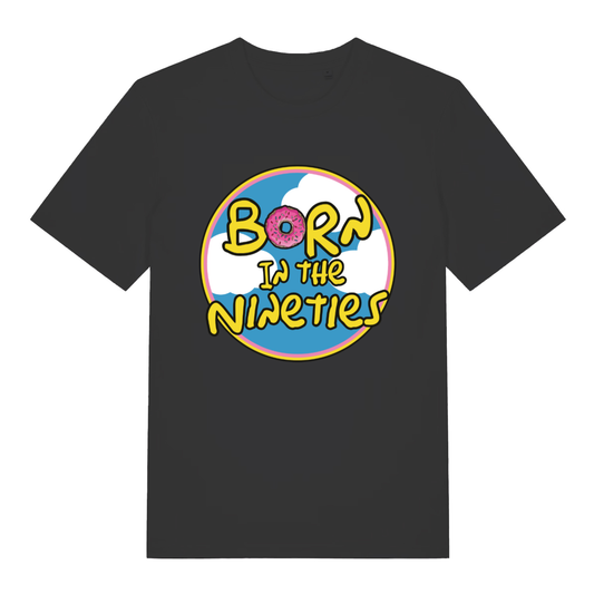 Black Born in the Nineties T-shirt flat lay with donut "O" graphic and colourful 90s slogan perfect nostalgic men's tee