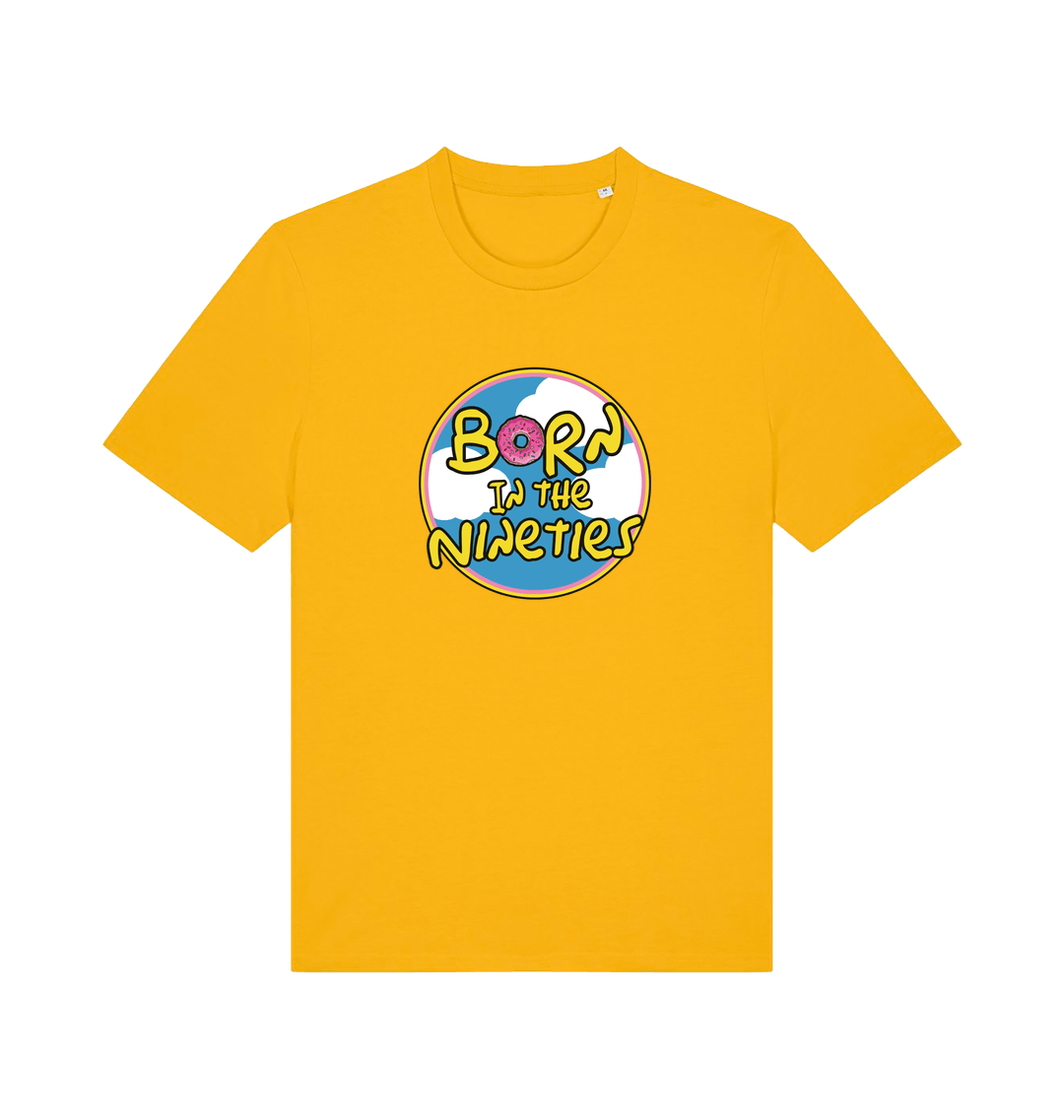 yellow birthday t-shirt inspired by the classic cartoon the simpsons with the text 'born in the 90's'