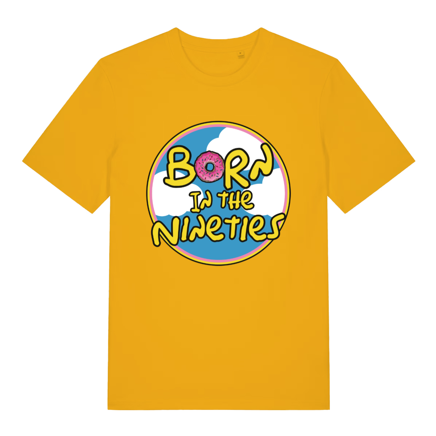 Yellow Born in the Nineties T-shirt flat lay with bold fun 90s donut pun graphic perfect nostalgic banter tee