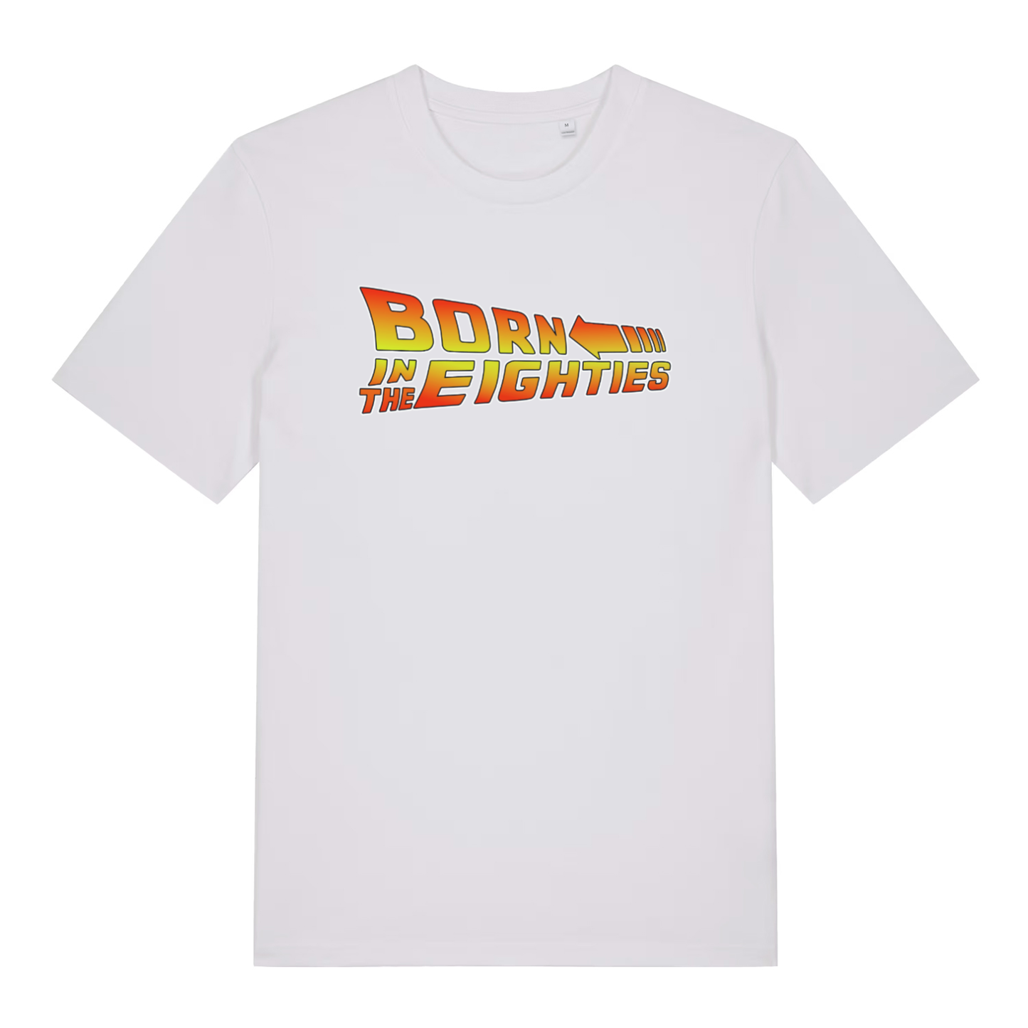 White Born in the Eighties T-shirt flat lay displaying clean movie-inspired 80s slogan and arrow design