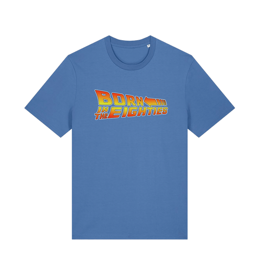 blue birthday t-shirt inspired by the classic film back to the future with the 'born in the eighties'