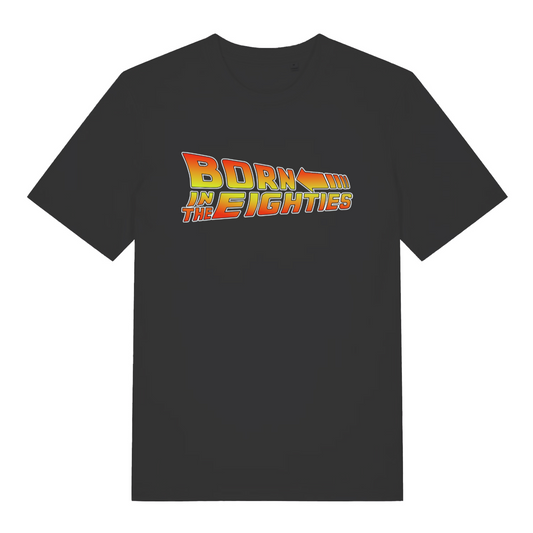 Black women's Born in the Eighties T-shirt flat lay with movie-style arrow "Born in the Eighties" graphic perfect retro ladies tee
