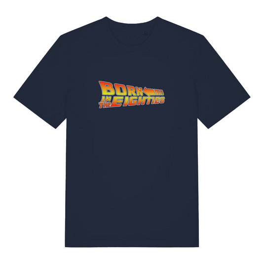 navy women's geek t-shirt inspired by the cult classic back to the future with the slogan 'born in the eighties'