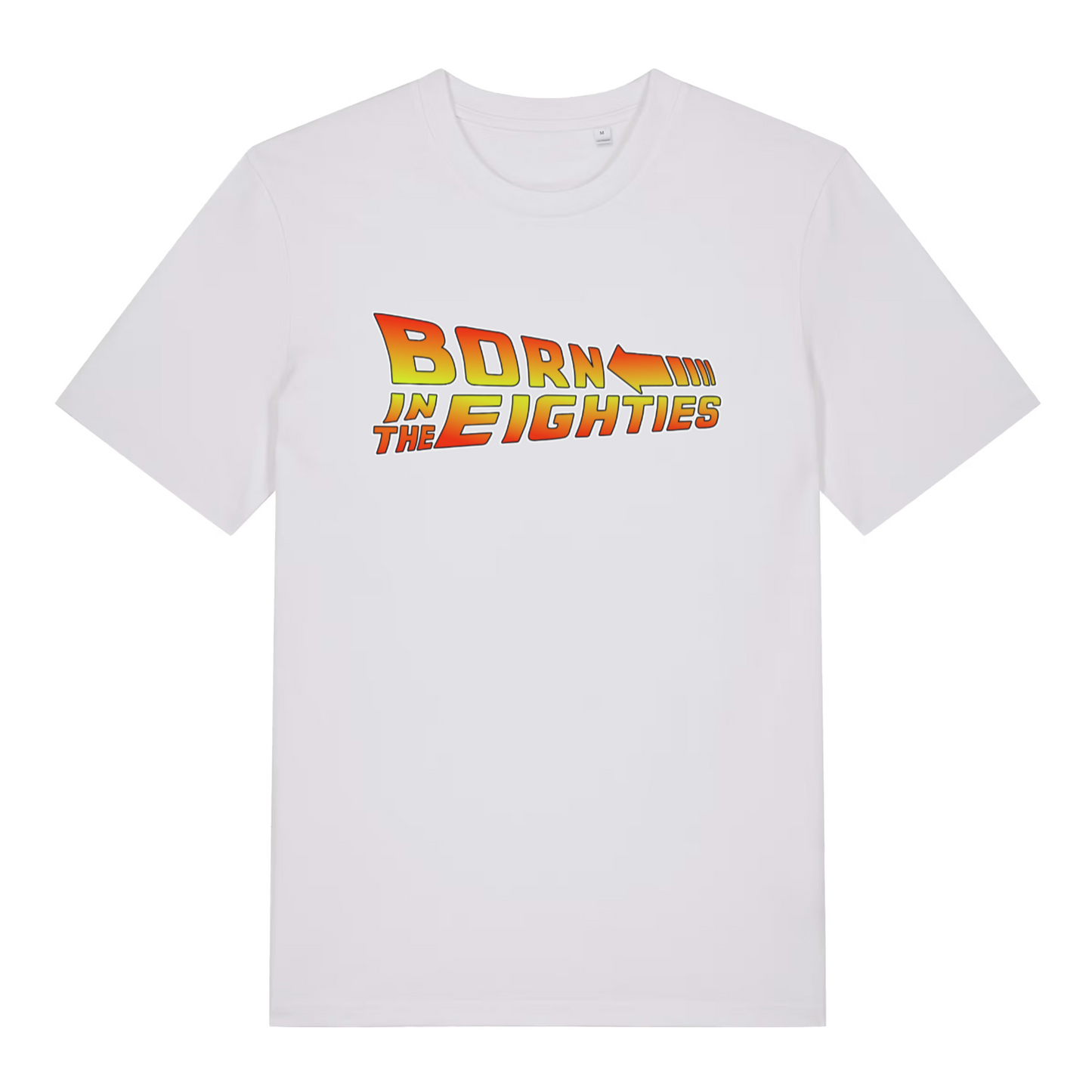 White women's Born in the Eighties T-shirt flat lay with clean movie-inspired 80s slogan and arrow design