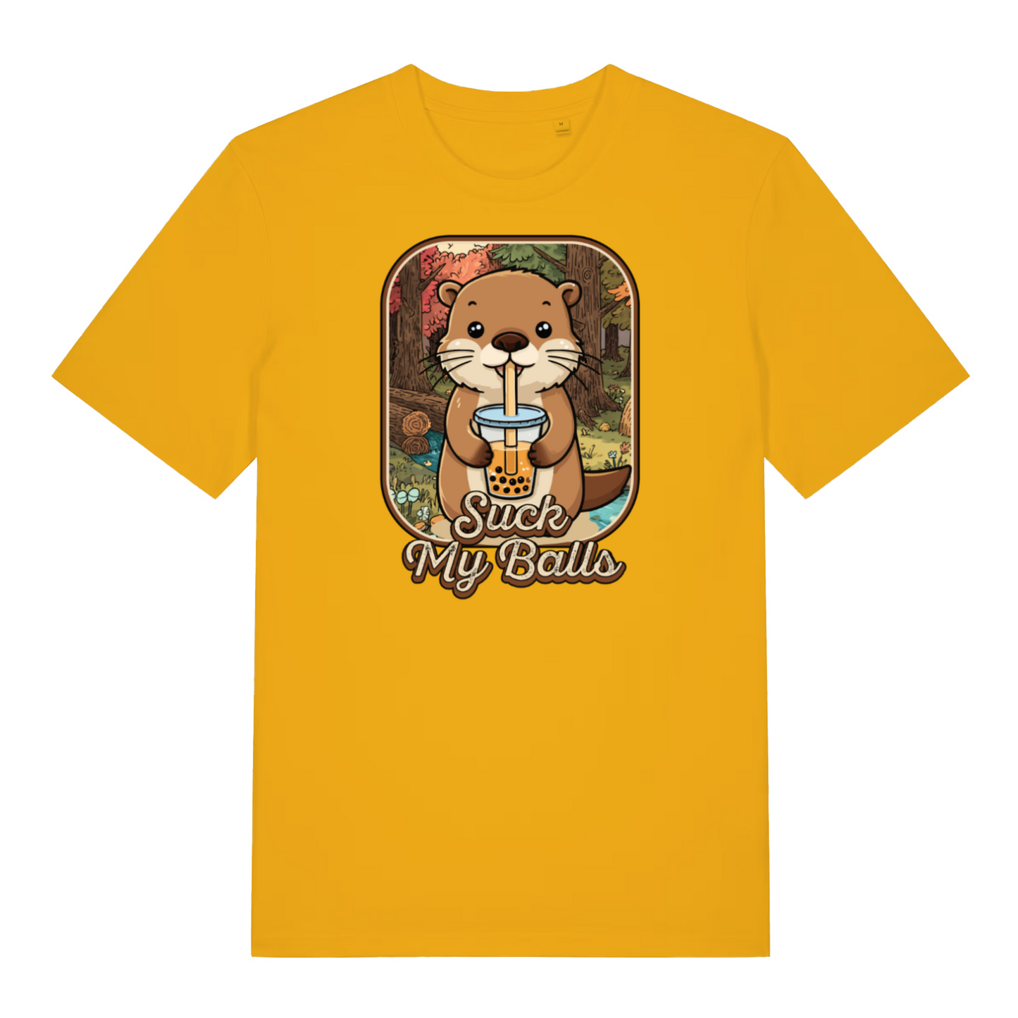 yellow funny animal t-shirt with the graphic of a beaver drinking bubble tea and the slogan 'suck my balls'