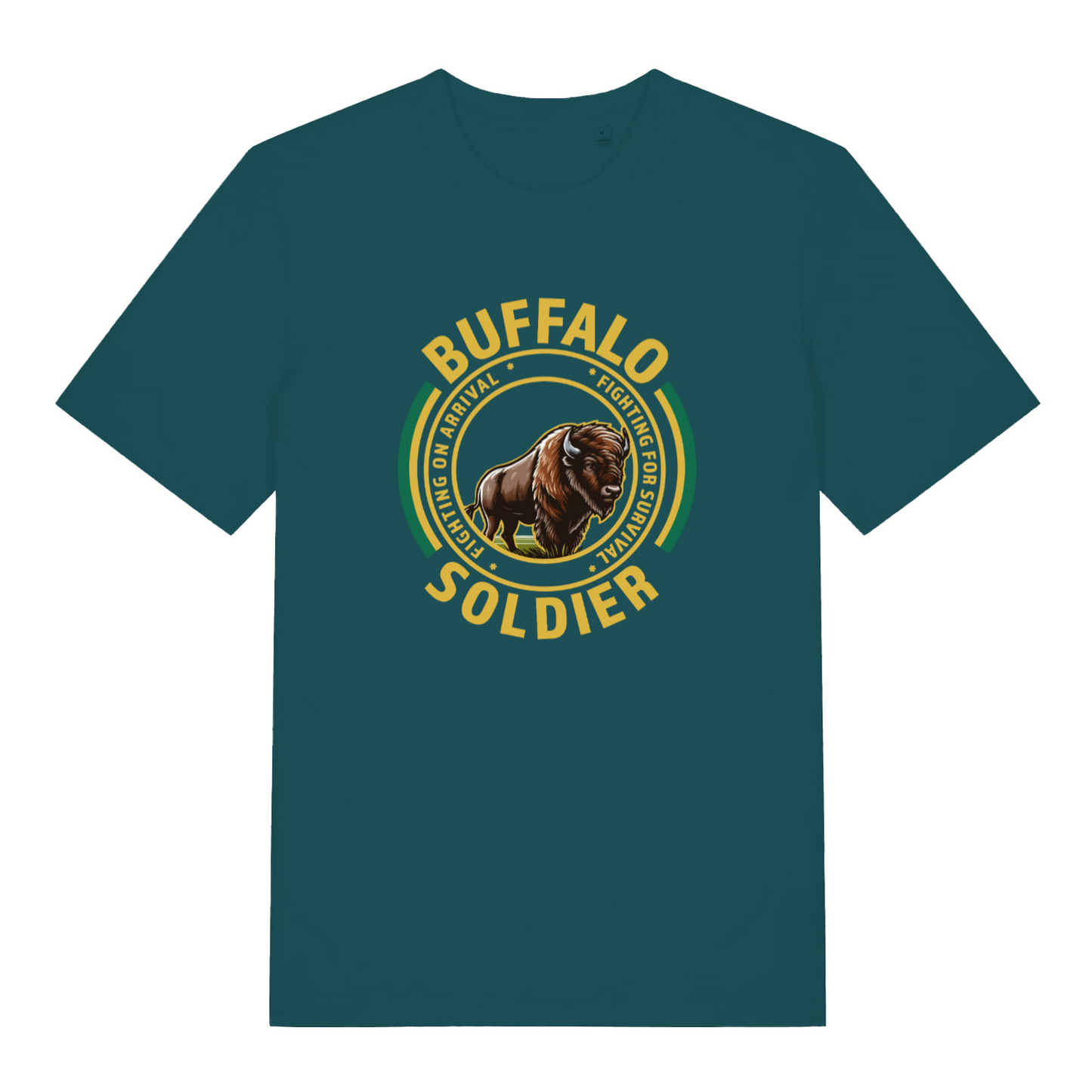 teal women's music t-shirt with the graphic of a buffalo and the slogan 'buffalo soldier'
