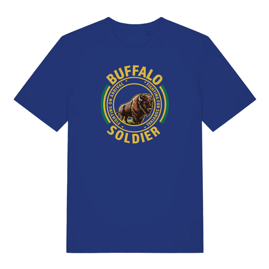 blue music t-shirt with the graphic of a buffalo and the slogan 'buffalo soldier'