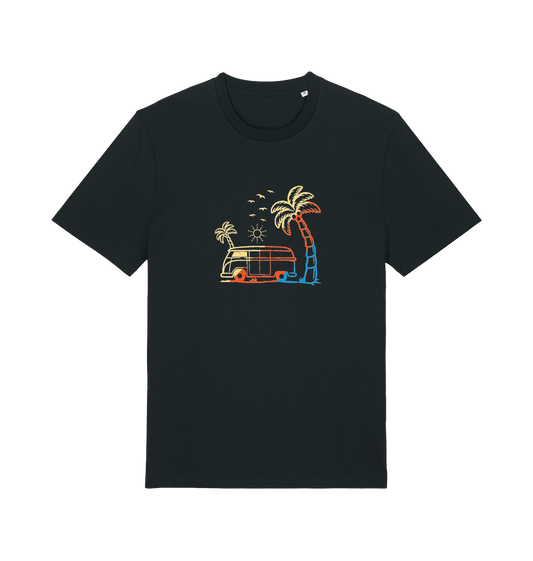 black graphic t-shirt with a picture of a campervan and palm tee