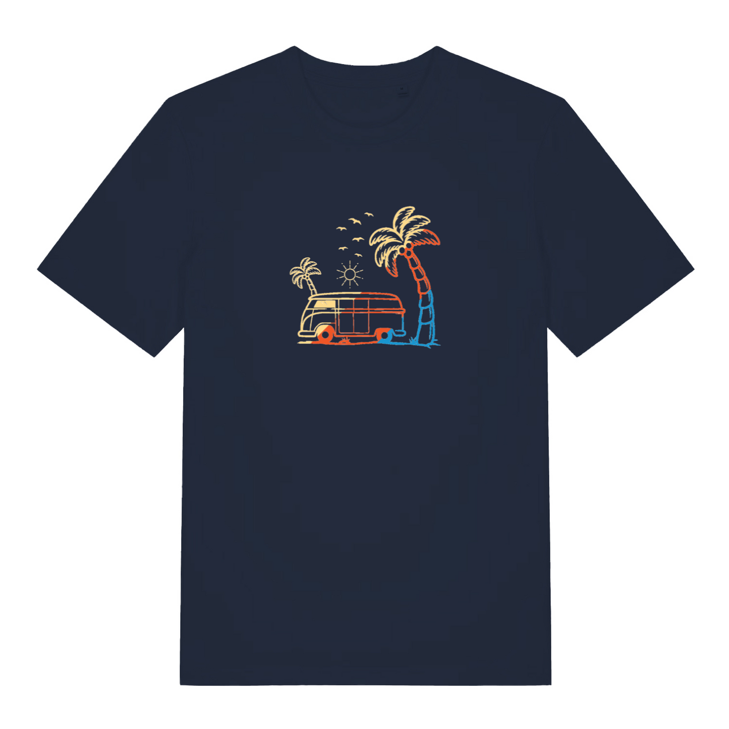navy graphic t-shirt with a campervan and a palm tree design