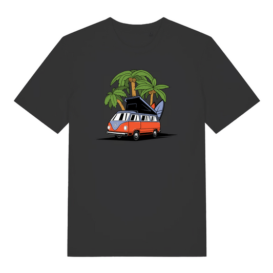 black women's graphic t-shirt with a campervan and palm tree design
