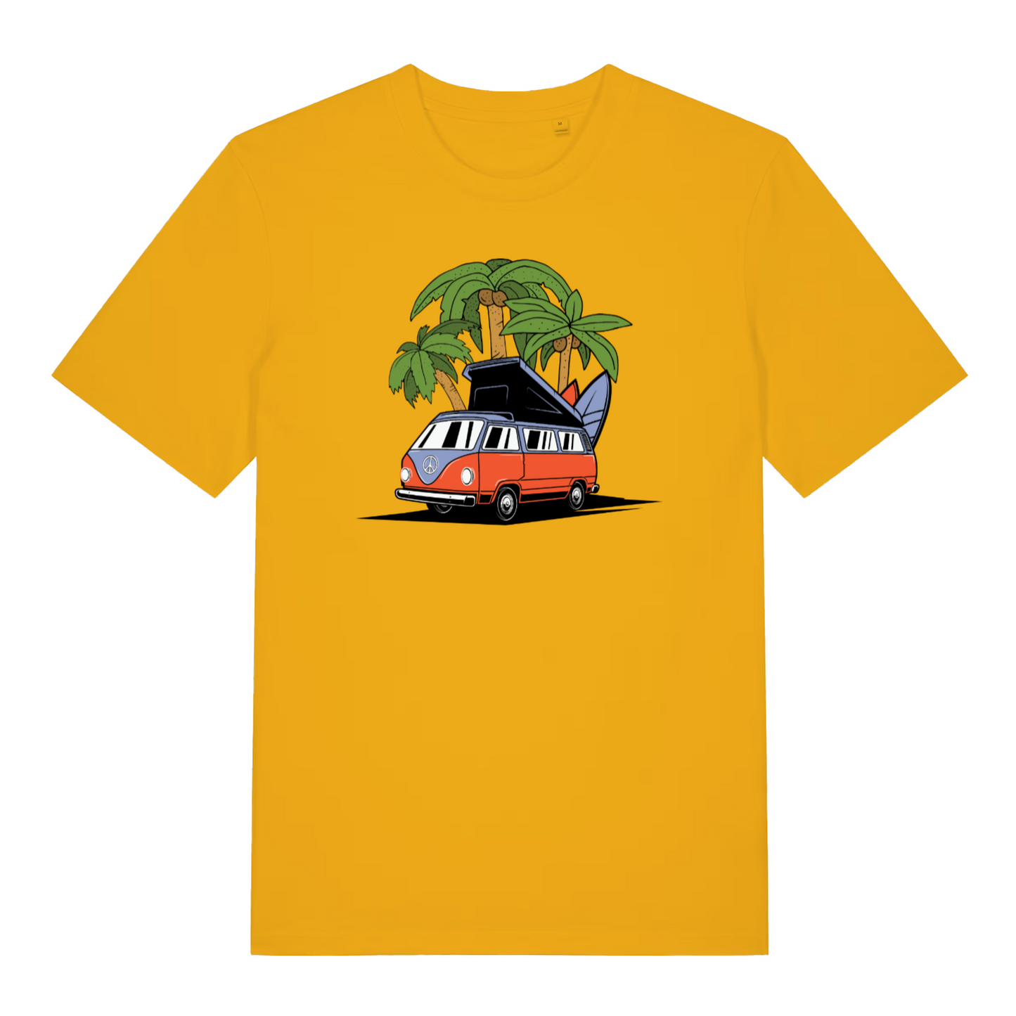 yellow women's graphic t-shirt with a campervan and palm tree design
