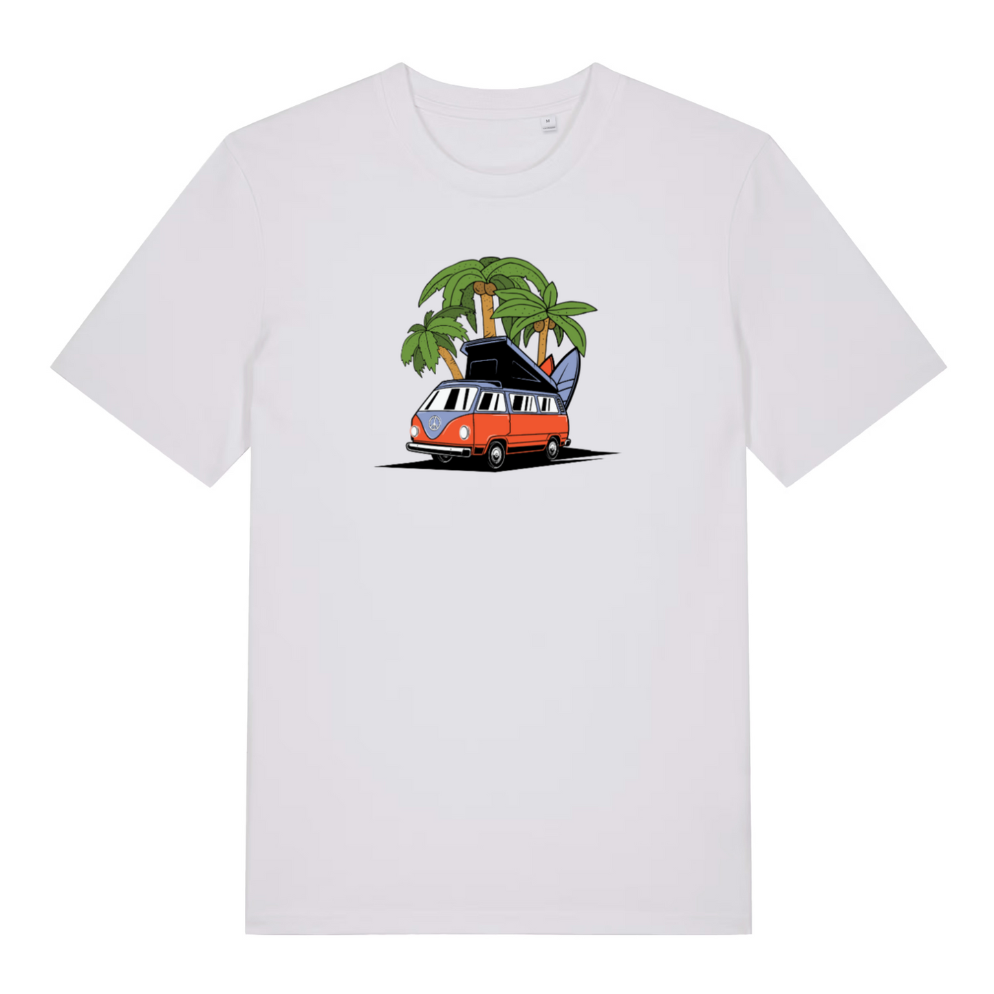 white graphic t-shirt with a campervan design