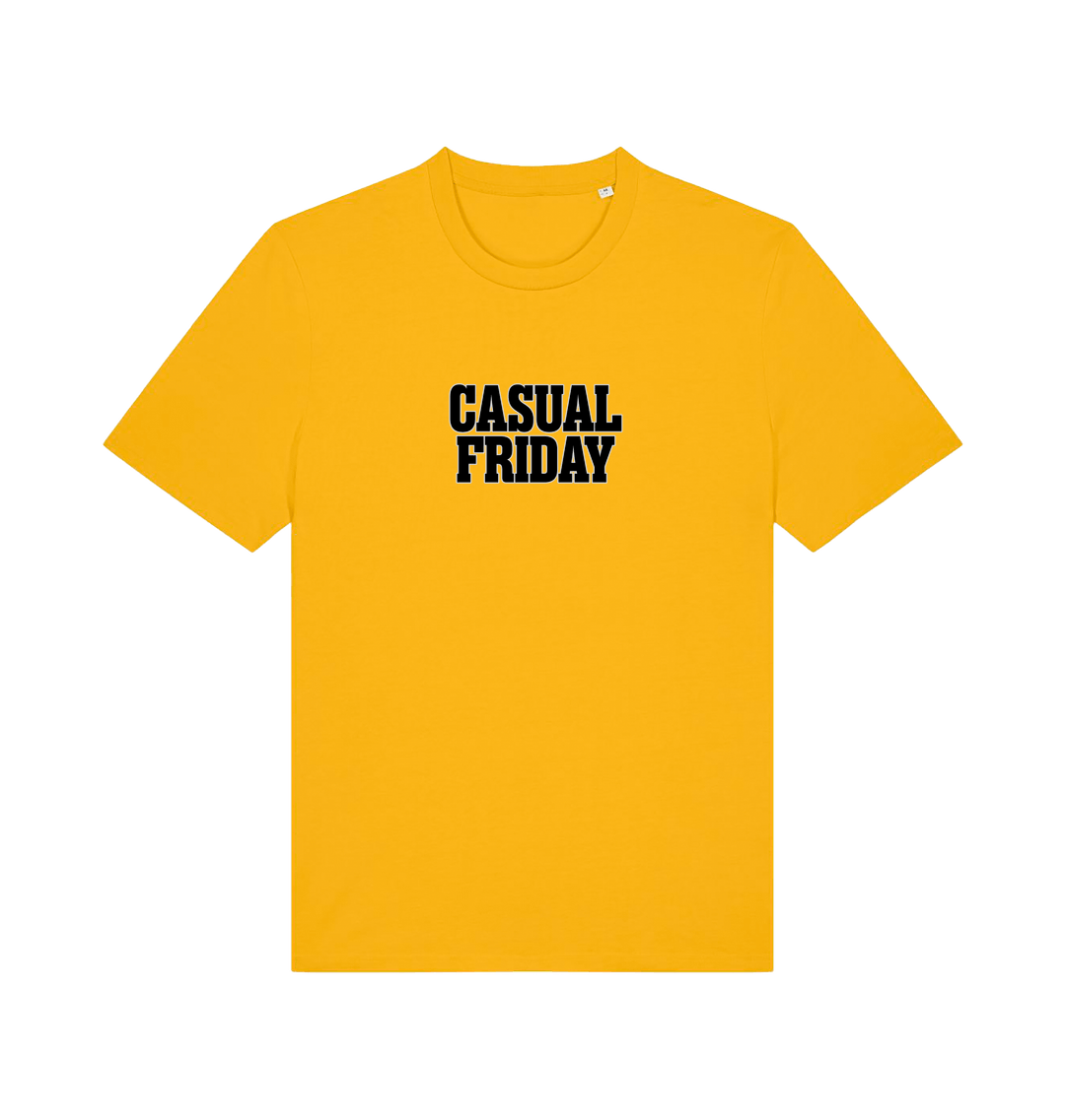 yellow slogan t-shirt with the slogan casual friday