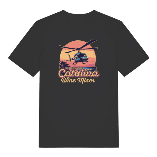 black movie t-shirt with the graphic of a helicopter flying in front of a sunset and the slogan 'catalina wine mixer'