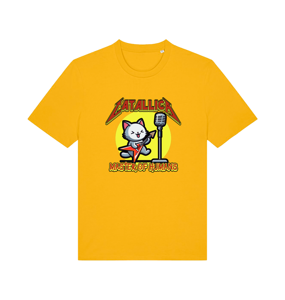 yellow music t-shirt with the graphic of a cat playing the guitar