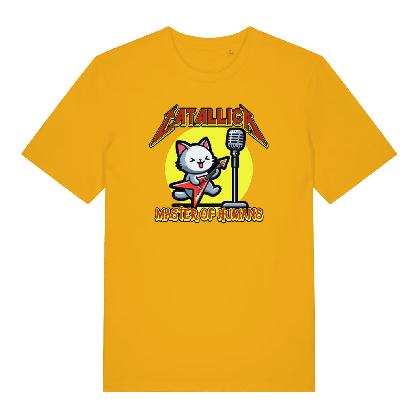 yellow music t-shirt with the graphic of a cat playing a guitar and the slogan 'catallica'