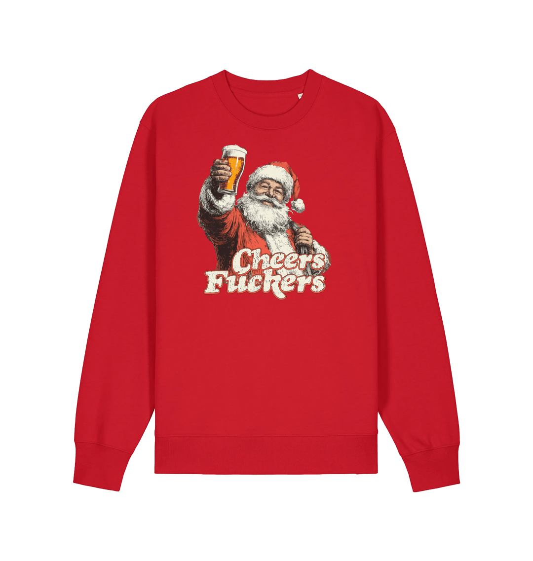 red christmas sweater with the graphic of santa raising a pint and the slogan 'cheers fuckers'