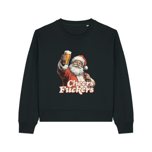 black christmas sweater with a graphic of santa raising a pint and the slogan 'cheers fuckers'