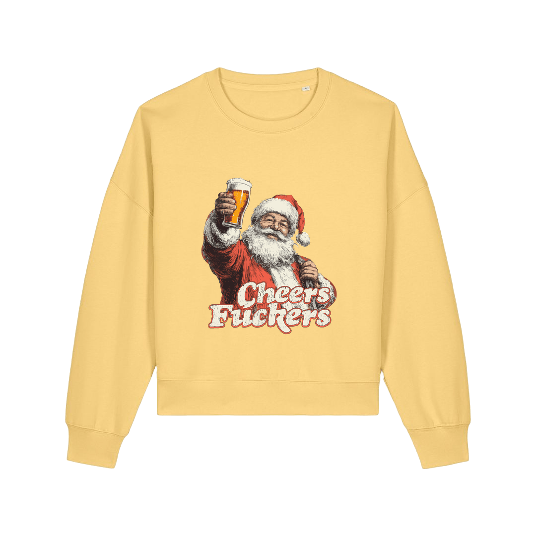 yellow christmas sweater with a graphic of santa raising a pint and the slogan 'cheers fuckers'