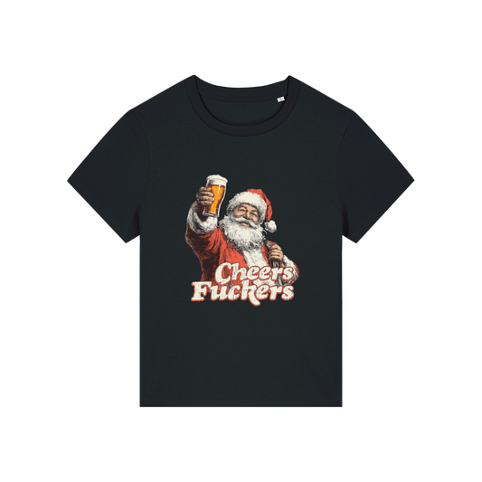 Black christmas t-shirt with a graphic of Santa Claus holding a beer and text 'Cheers Fuckers'