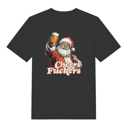 black women's christmas graphic t-shirt with a santa claus design and the slogan 'cheers fuckers'