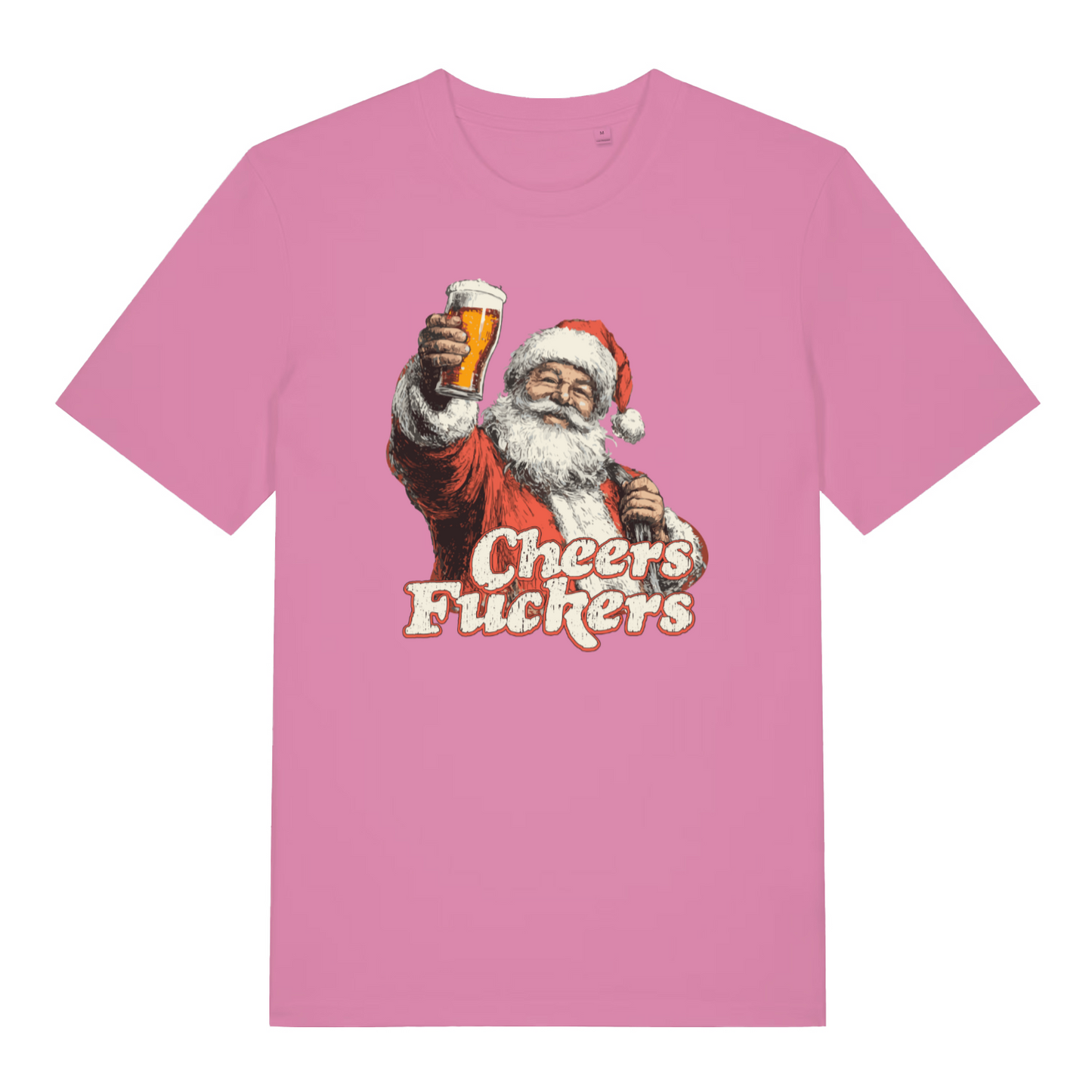pink women's christmas graphic t-shirt with a santa claus design and the slogan 'cheers fuckers'