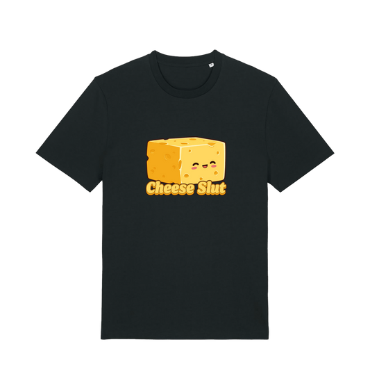 Black graphic t-shirt with a cartoon cheese block and 'Cheese Slut' text