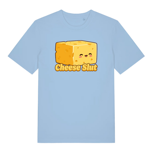 light blue women's funny offensive t-shirt with the graphic of a cheese and the slogan 'cheese slut'