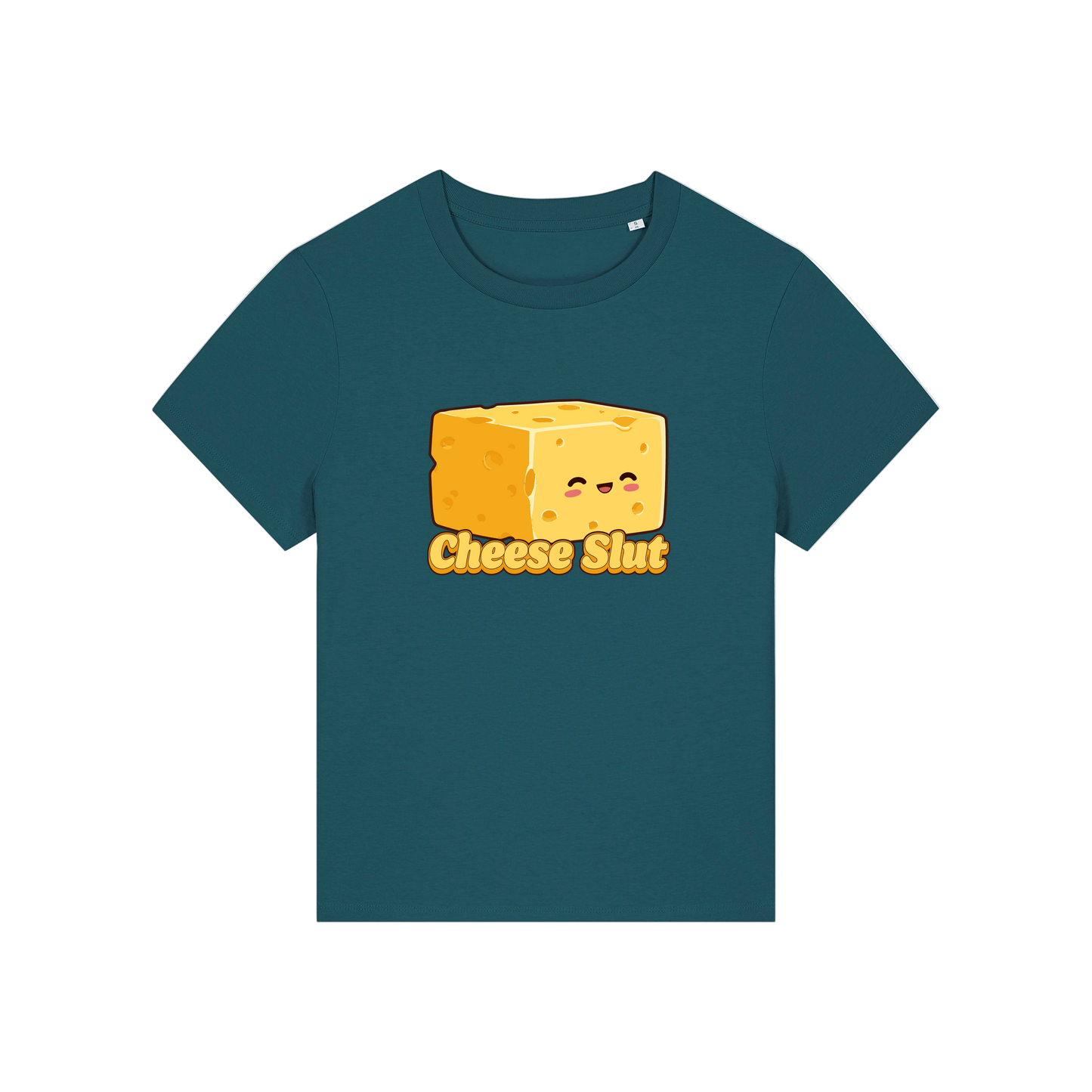 teal funny offensive t-shirt with the graphic of a cartoon cheese and the slogan 'cheese slut'