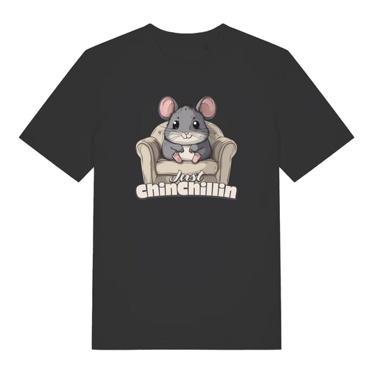 black women's funny animal t-shirt with the graphic of a chinchilla sat in an armchair and the slogan 'just chinchillin'