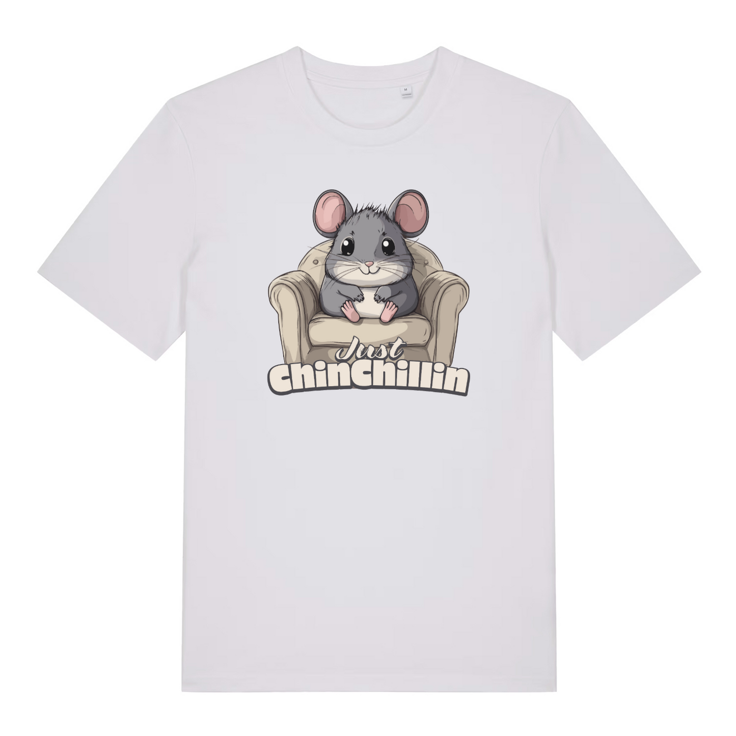 white women's funny animal t-shirt with the graphic of a chinchilla sat in an armchair and the slogan 'just chinchillin'